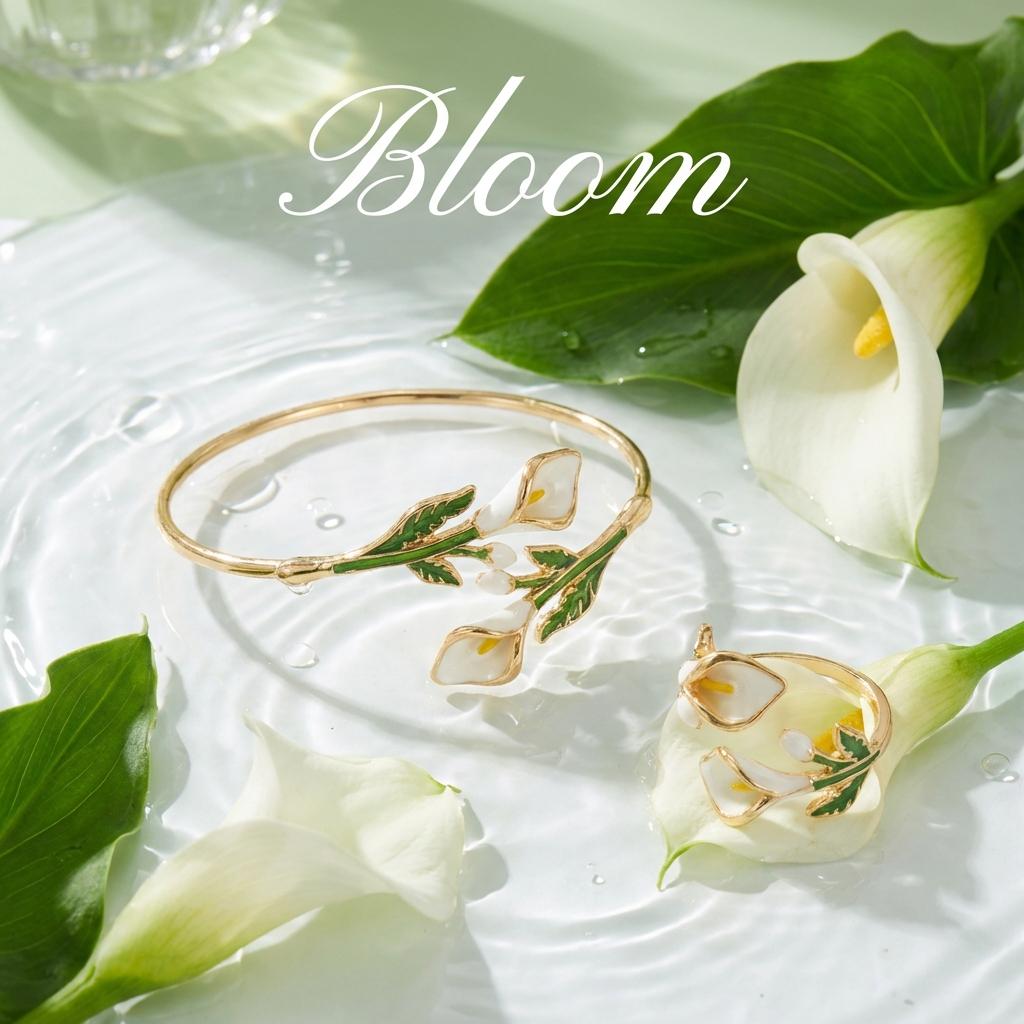 French Vintage Calla Lily Gold Color Bangle Ring Set for Women White Enamel Flower Open Cuff Bracelet Dainty Floral Jewelry Gift