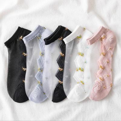 5 Paia/Lotto Calzini Corti Estivi Ultra-Sottili Floreali Seta di Vetro Moda Calzini da Donna Pizzo Calzini Fantasma Bassi Trasparenti Invisibili
