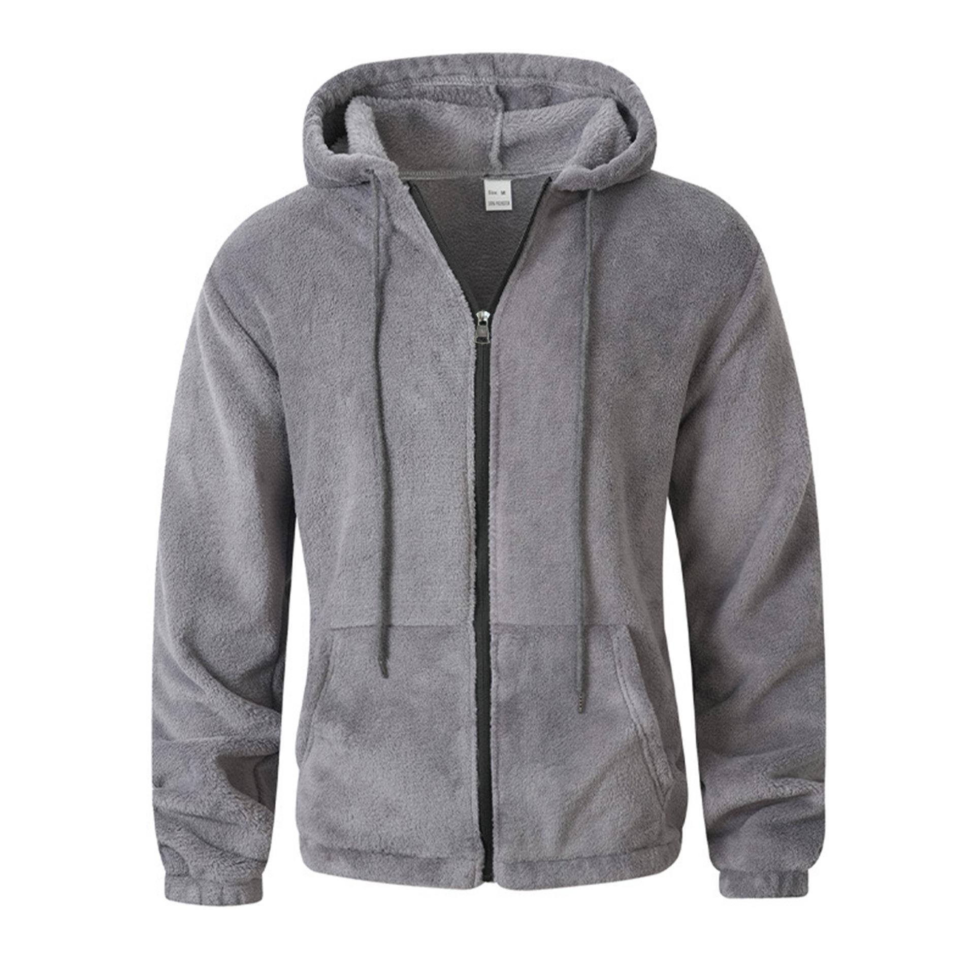 

New Solid Color Casual Plush Autumn and Winter Hooded Zipper Polar Fleece Sweatshirt Jacket S сірий колір