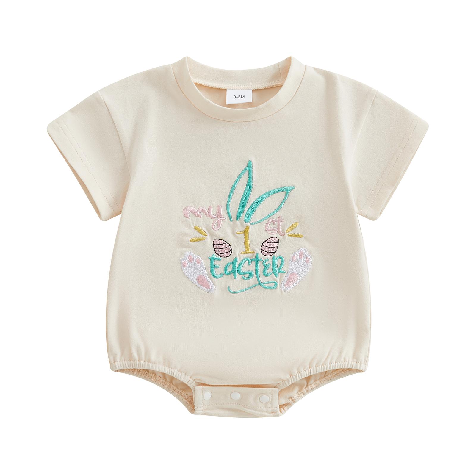 

Детский пасхальный комбинезон для девочек, повседневный комбинезон с короткими рукавами и вышивкой в виде кролика для новорожденных, милая одежда для малышей 0-3 Months