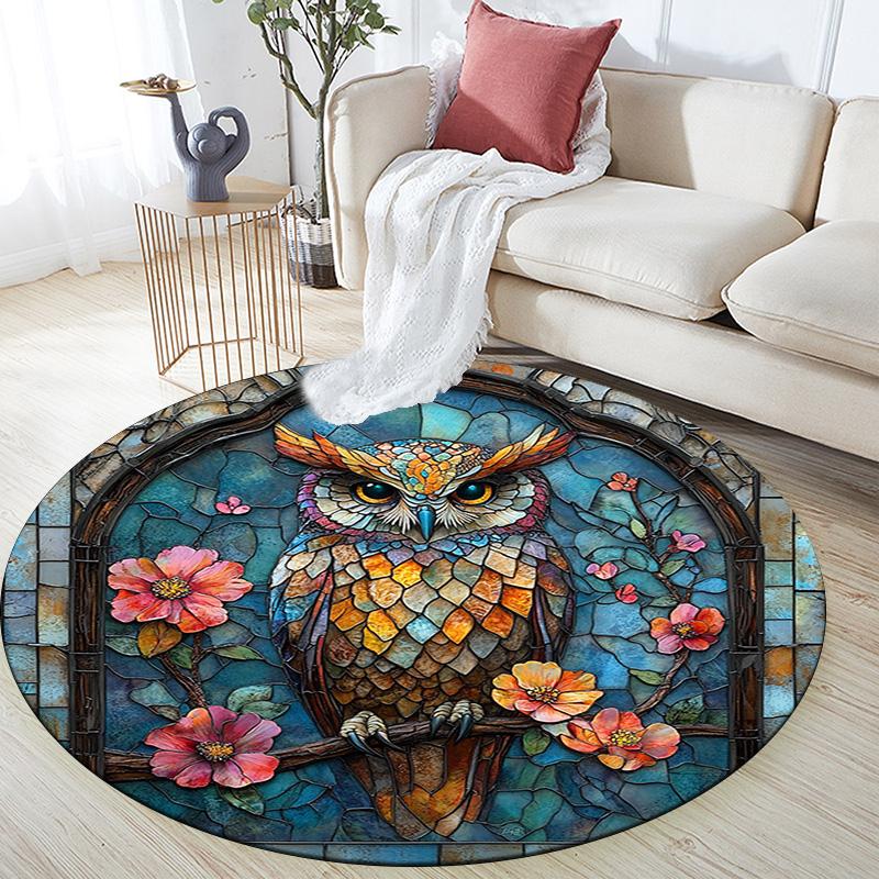 Owls and Flowers Round Area Rug,Carpet Rug for Living Room Bedroom Sofa Playroom Decor,Non-slip Floor Mat