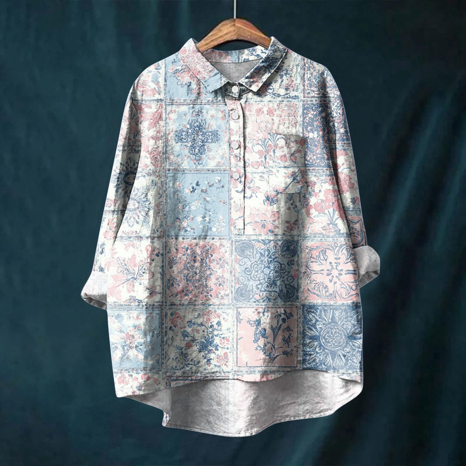 

Women s Long Sleeve Shirt Button Retro Geometric Print Casual Hem Irregular Shirt Collar Top L