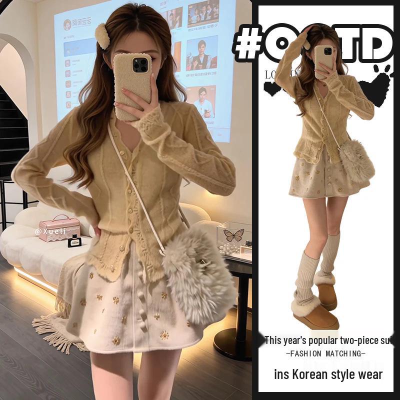 2026 Spring/Autumn Chic Women s Two-Piece Set: French Cardigan Top & High-Waisted Skirt M [Recommended 95-105 lbs]