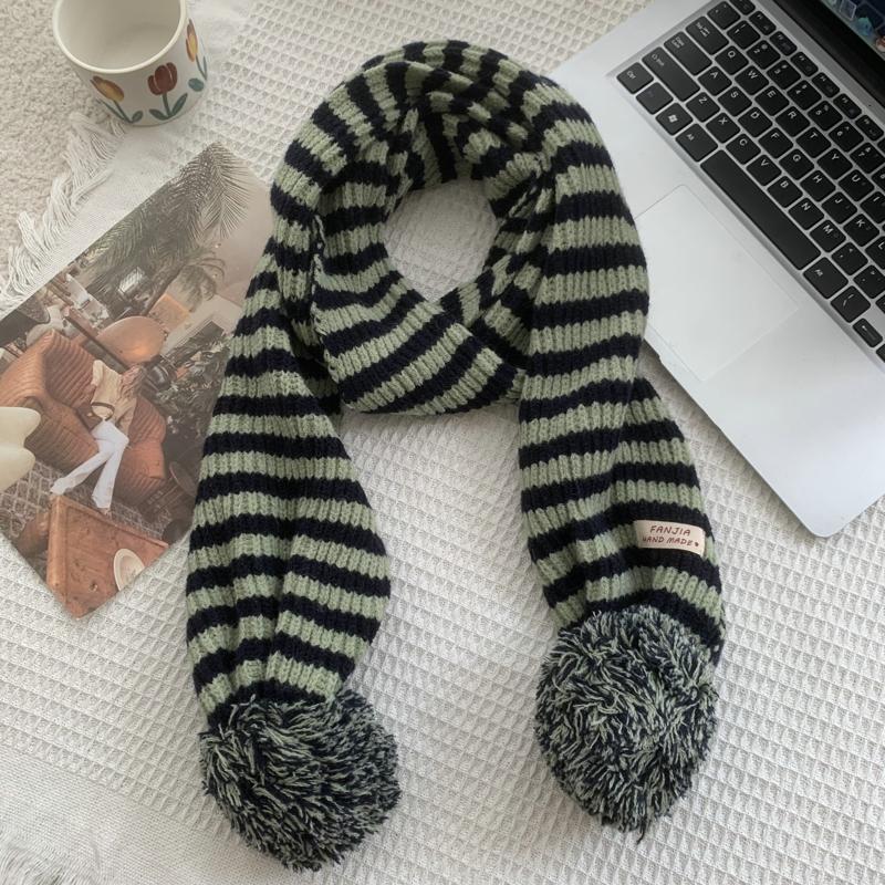 Winter Women Warm Stripe Scarf Knit Spring Thick Warm Winter Ball Ball Scarves Winter Casual Warmer Women Scarves For Women