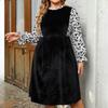 BITCED Autumn and Winter Plus Size Women's Stand-up Collar Floral Splicing Flared Sleeve False Two-piece Velvet Dress