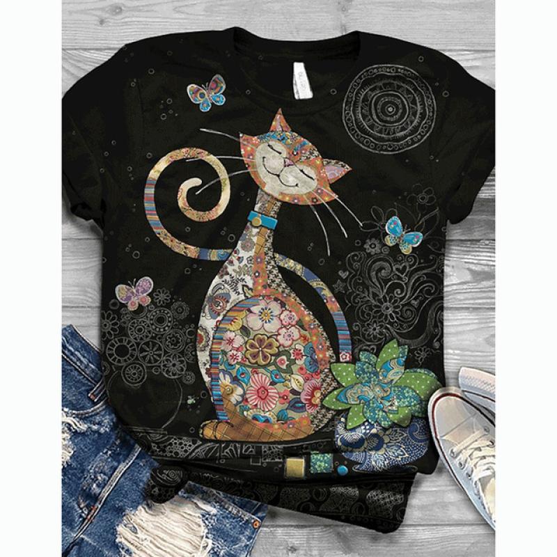

2024 женский новый топ с круглым вырезом и 3D принтом котенка, женская модная женская футболка оверсайз с коротким рукавом, стиль Y2K 8XL