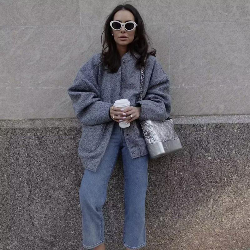 Giacca Casual Monocolore con Collo Alto Cardigan Oversize Giacche alla Moda Tasca Grande Top Largo Primavera Autunno Capispalla da Donna