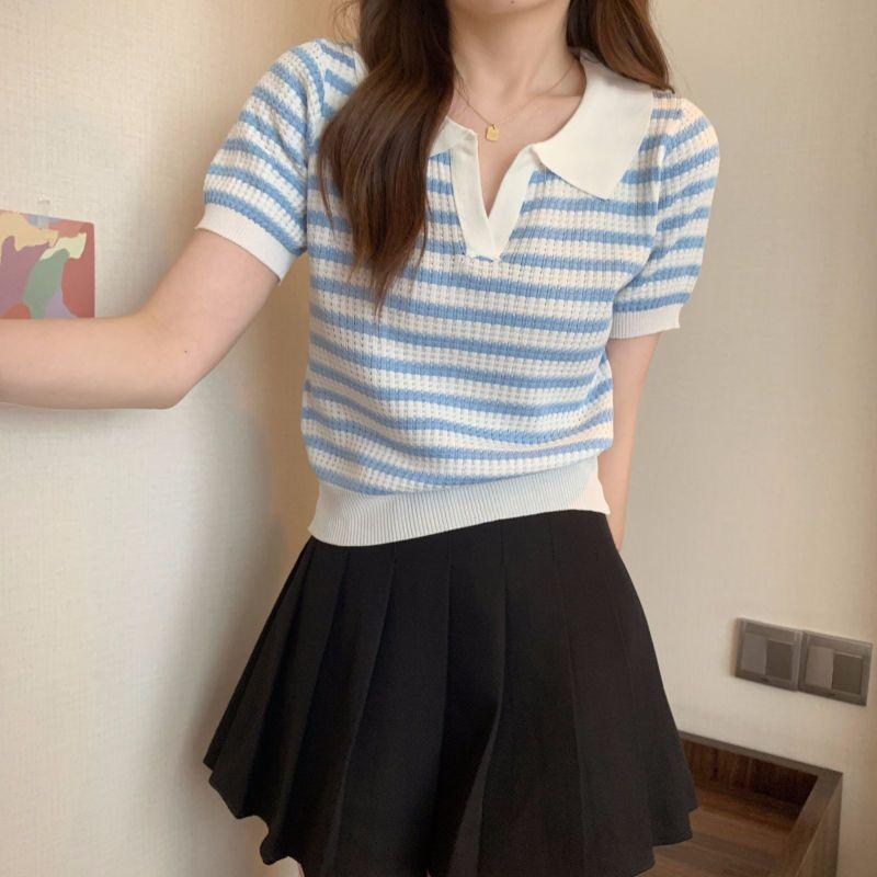 Striped Thin Ice Silk Knitted Sweater Polo Collar Short Sleeved T-shirt for Women's Summer Short Top