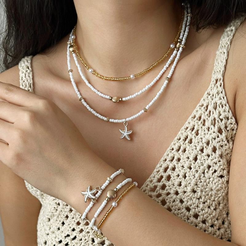Fashionable Natural Shell Pearls Elastic Jewelry Triple Wear Neck Chain Wrist Ankle Decoration Coastal Styles Use