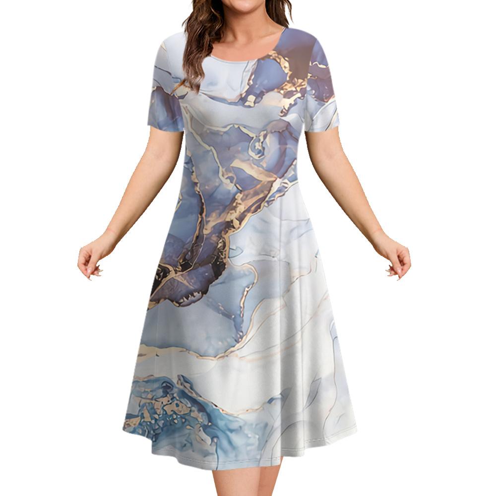 2026 New Summer Loose A-line Dress 3D Printing Short-sleeved Women's Evening Dress Women's Elegant Fashion Round Neck Dress