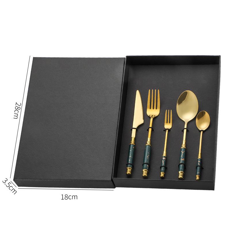 Emerald Marble Pattern 5-Piece Cutlery Set: Stainless Steel Knife, Fork, Spoon with Ceramic Handles