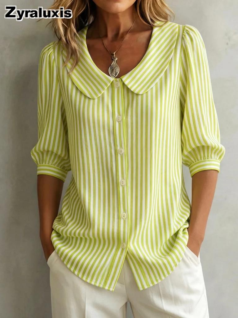 New Summer Striped Ruffle Collar Button-Down Shirt for Women