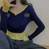 Women's V-neck Sweater Spring Autumn Long-sleeved Knitted Cropped Top Sweater Color-block Pullover Jumper