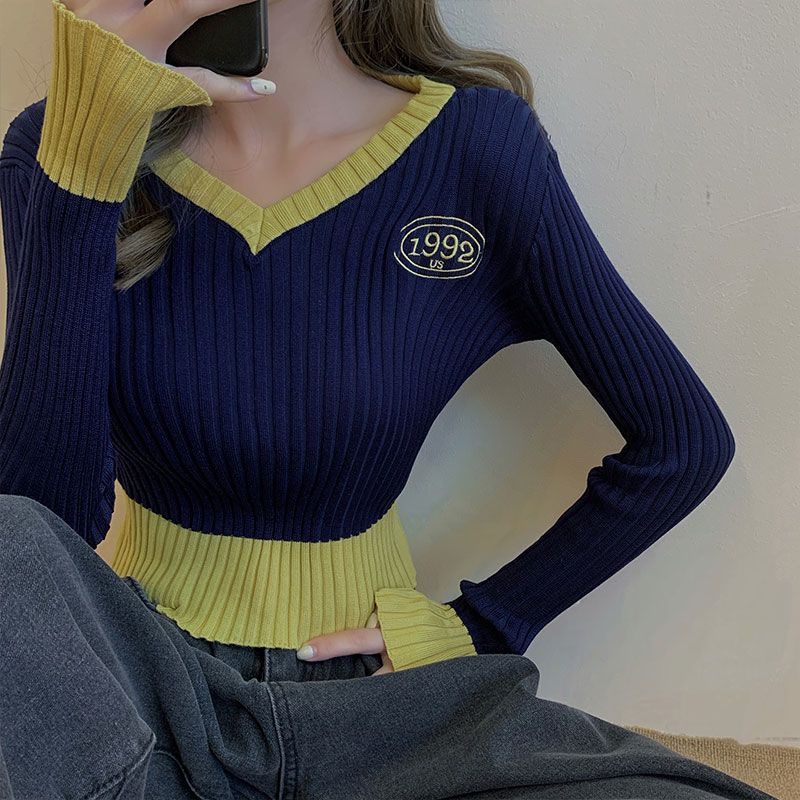 Women's V-neck Sweater Spring Autumn Long-sleeved Knitted Cropped Top Sweater Color-block Pullover Jumper