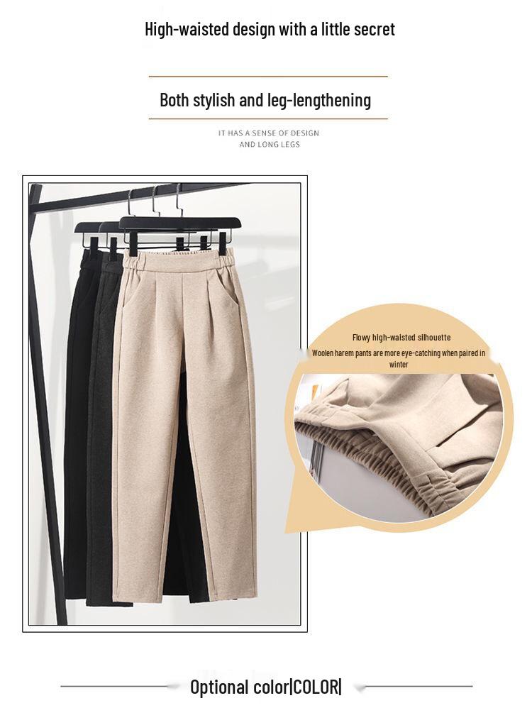 High-Waisted Woolen Carrot Pants for Women - Slimming, Loose-Fit, Casual Harem Style for Autumn and Winter