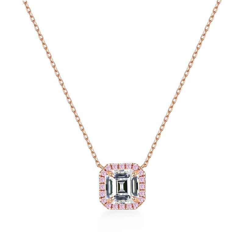 Womens Sterling Princess Cut Moissanite Necklace With Full Pave Zirconia Geometric Square Pendant O-Link Chain 925 Sterling Silver