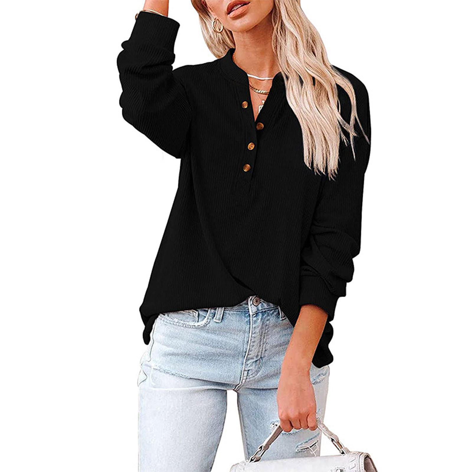 

Women s Casual T-Shirt Buttons V-Neck Solid Long-sleeved Knitted Shirt Blouse Tops M чорний
