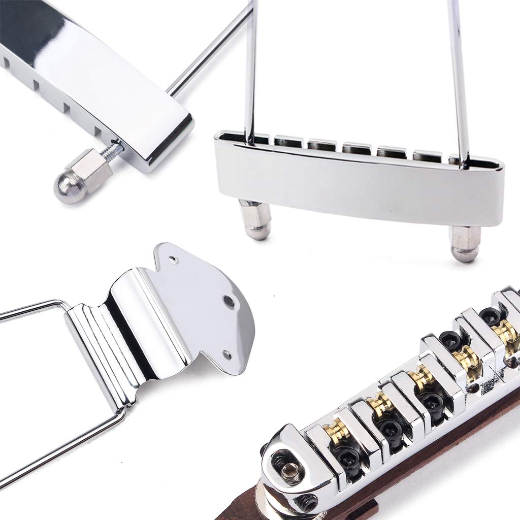 Ogdni Guitar Trapeze Tailpiece Bridge and Saddle Replacement for Jazz Archtop Guitars 6-String Roller, Tune-O-Matic Bridge, (Chrome)