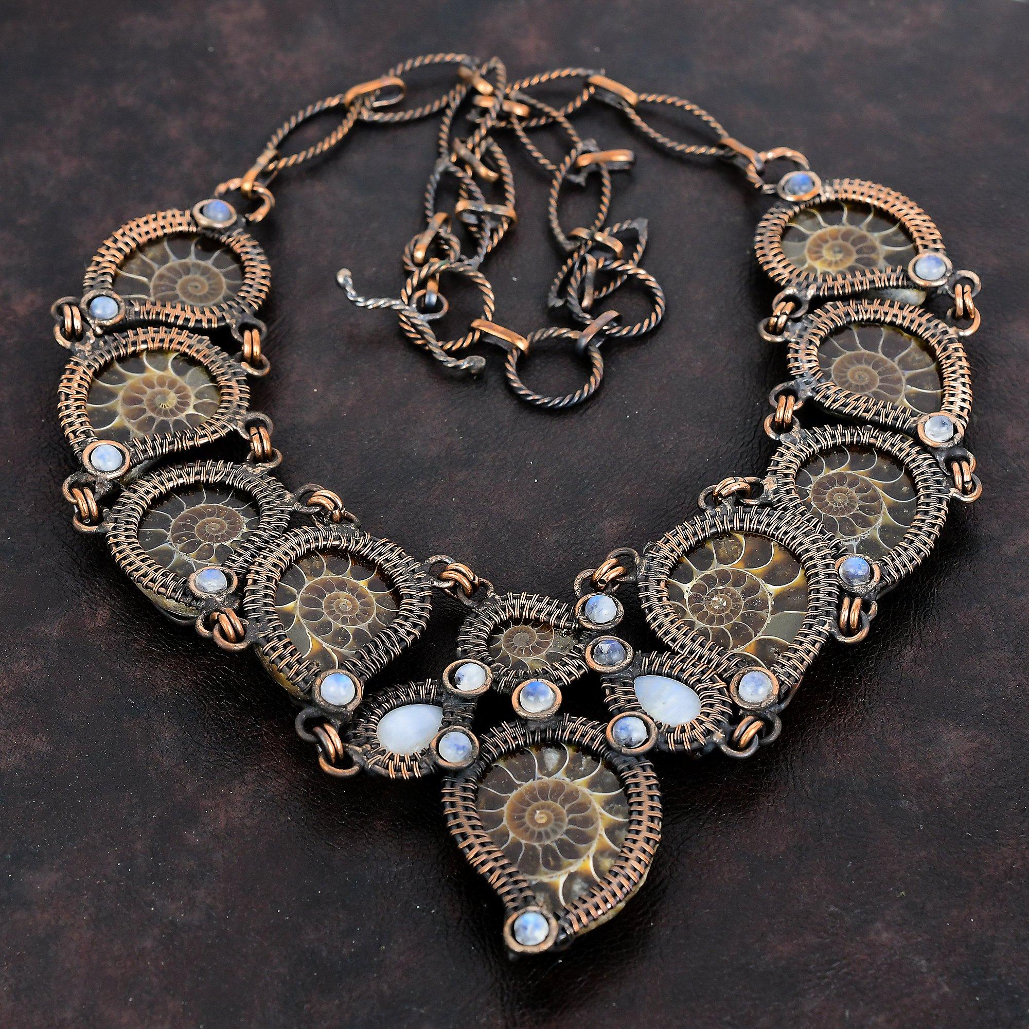 

Ammonite Fossil Necklace Copper Wire Wrapped Handmade Necklace Rainbow Moonstone Gemstone Necklace Copper Wire Wrap Jewelry Gifts For Mother Adjustable