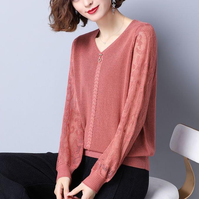 V-neck Sweater for Women Stylish Thin Knitted Sweater Solid Color Casual Pullover Top Loose Autumn Sweater