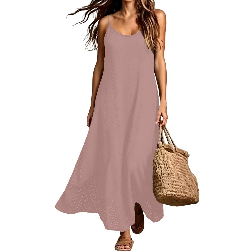Damen Bohemian Urlaubs-Einfarbig Ärmellos V-Ausschnitt Maxikleid Leicht Lässig Lockerer Schnitt Sommer-Sonnenkleid