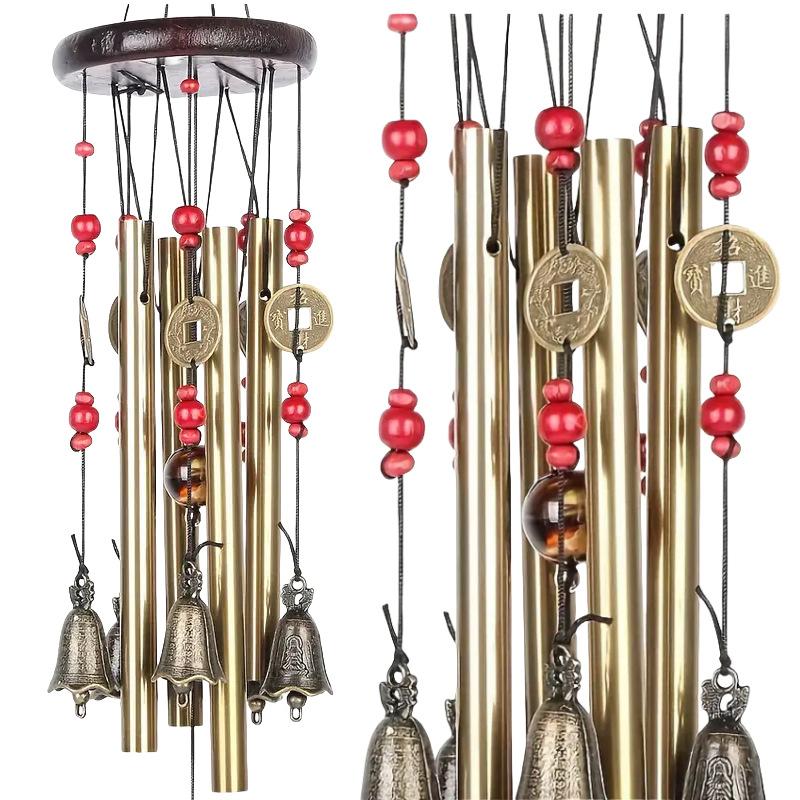 4-tube Pine Wood Metal Bronze Zhaocai Jinbao Dafeng Chime Home Outdoor Ornament Bell Pendant
