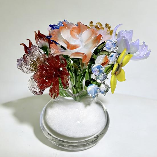 Yousheng Mini Glass Flower Figurine Handmade Faux Crystal Transparent Flower Bouquet Collectible Hand Blown Table Ornament for Mother's Day Birthday