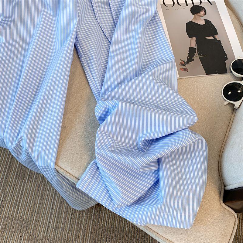 Blue Striped Wide-Leg Pants for Women - Korean Minimalist Aesthetic Casual Trousers | Summer Thin Lazy Loose Straight-Leg Floor-Length