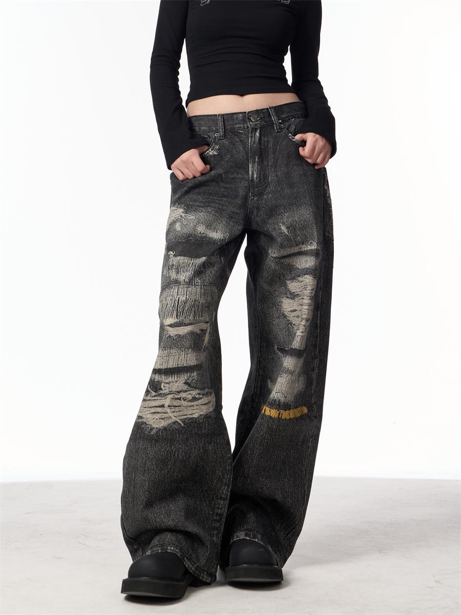 

Унисекс Джинсы из вываренного денима прямого кроя: Свободный крой, повседневный дизайн S чёрный