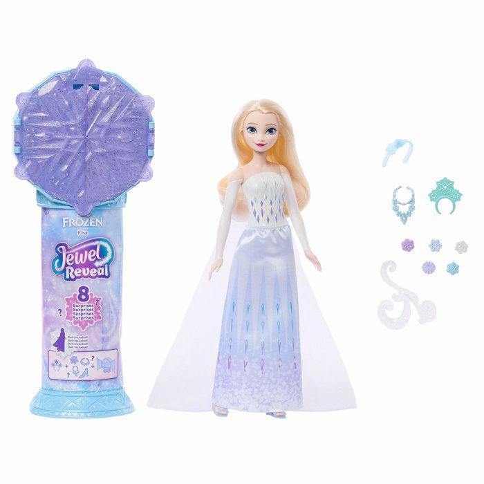 Poupée Jewel Reveal Elsa, La Reine des Neiges, accessoires avec 8 surprises, 1 boîte a bijoux en forme de flocon de neige, 1 bague p