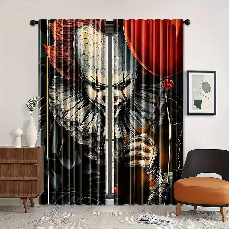 2 Pcs Evil clown print curtains,suitable for bedroom,living room kitchen decoration,home decoration,window decoration