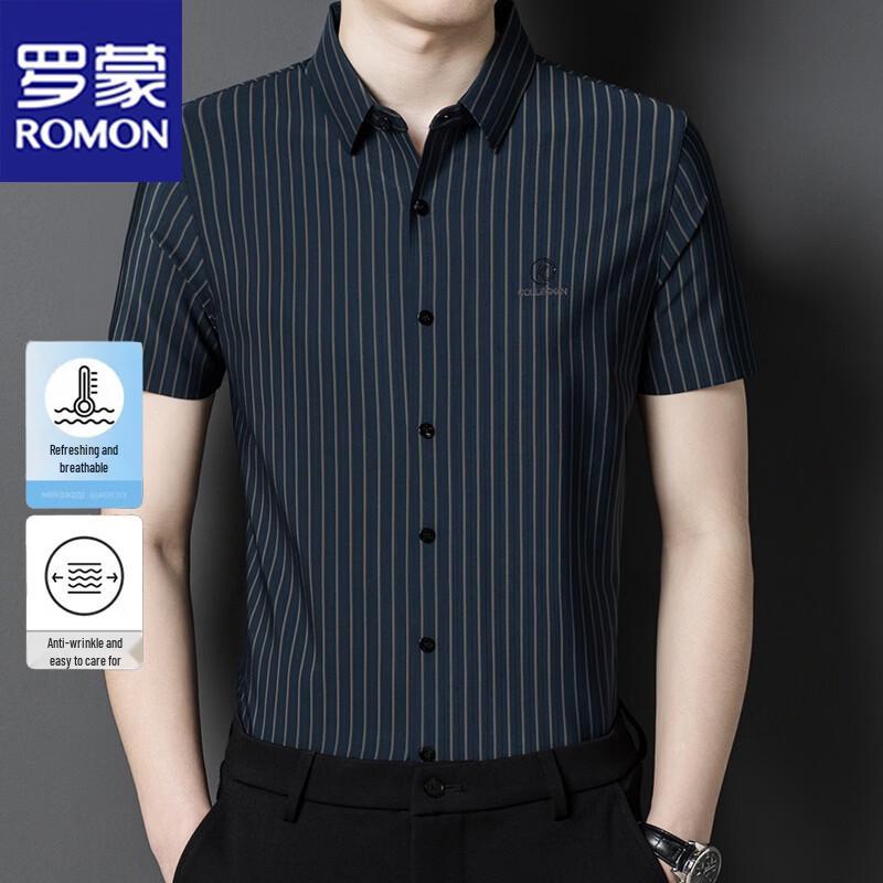 ROMON Men s Striped Business Casual Short Sleeve Shirt XL