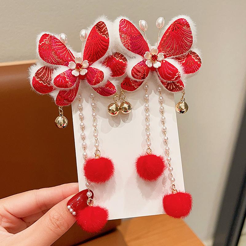 1pár děti rok Červená mašle Sponky do vlasů Kawaii Vlasové doplňky Motýlí střapce Spona do vlasů Všestranná spona do vlasů ve starověkém stylu