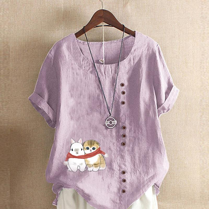 Damenmode Katzen und Kaninchen bedrucktes Rundhals Kurzarm T-Shirt Lässig Baumwolle Leinen Grafik Shirt Freizeit Locker Sommer Bluse Tops