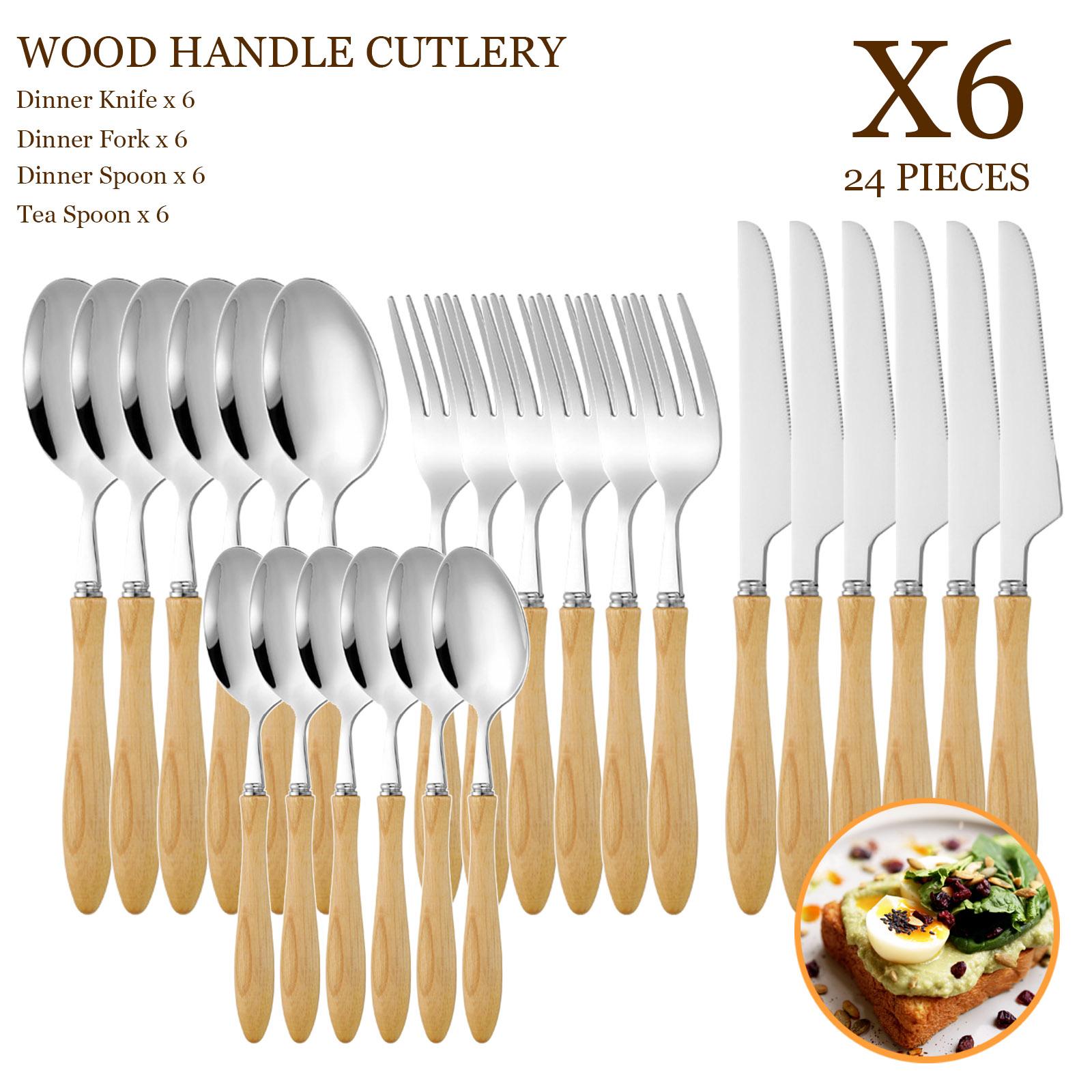 

24 PCS Wood Handle 304 Stainless Steel Flatware Silverware Set, Rustic Tableware Cutlery Set Service for 6, Knives Forks Spoons Set жёлтый