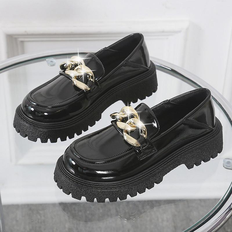 Small leather shoes new spring and summer British loafer muffin round head thick sole decorative buckle single shoes