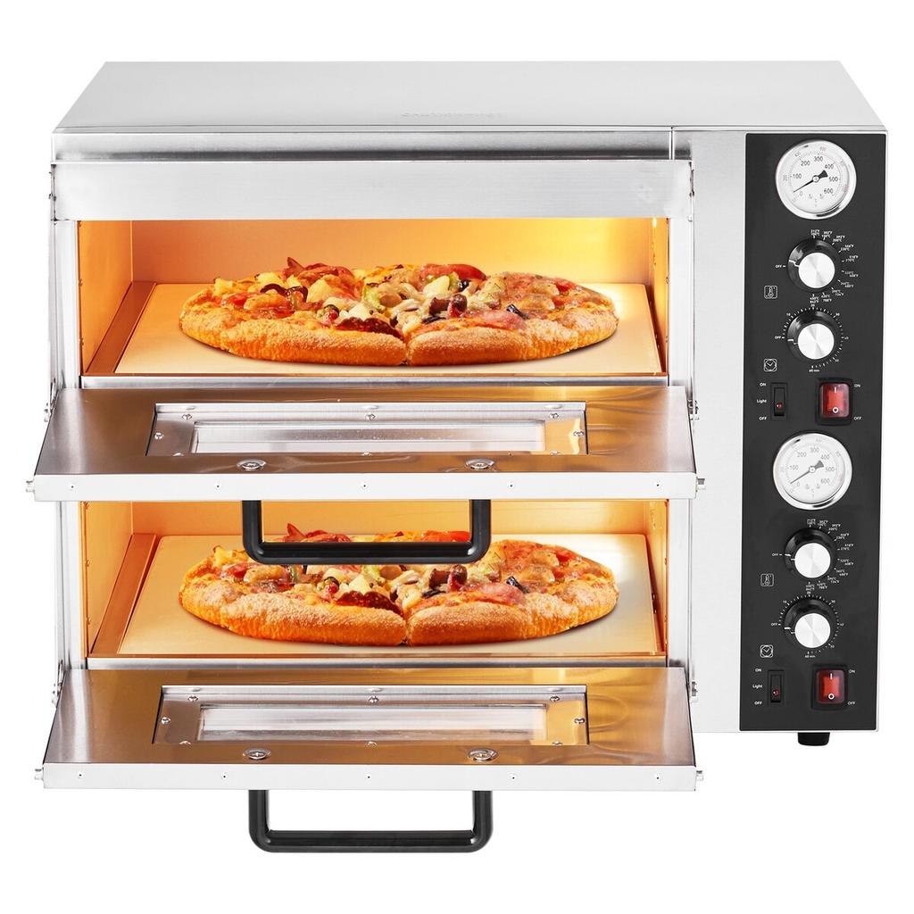 Pizza Oven Electric, 18" Double-Deck Commercial Countertop Pizza Oven, 842°F Max Temp, Indoor Pizza Maker with Thermometer, Independent Upper & Lower