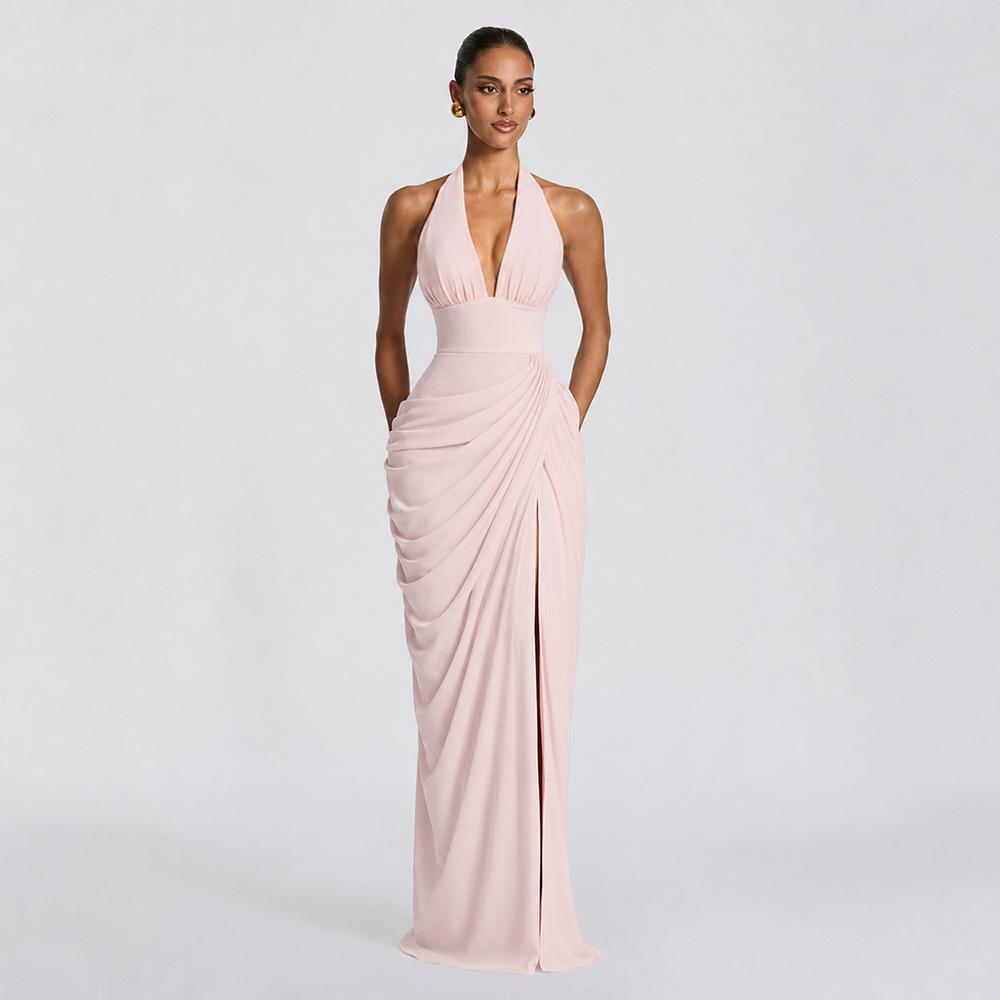 Sexy Solid Pleated Halter Dress Women Fashion Sleeveless Backless Waist-cinching Split Maxi Dresses Summer Lady Party Gowns