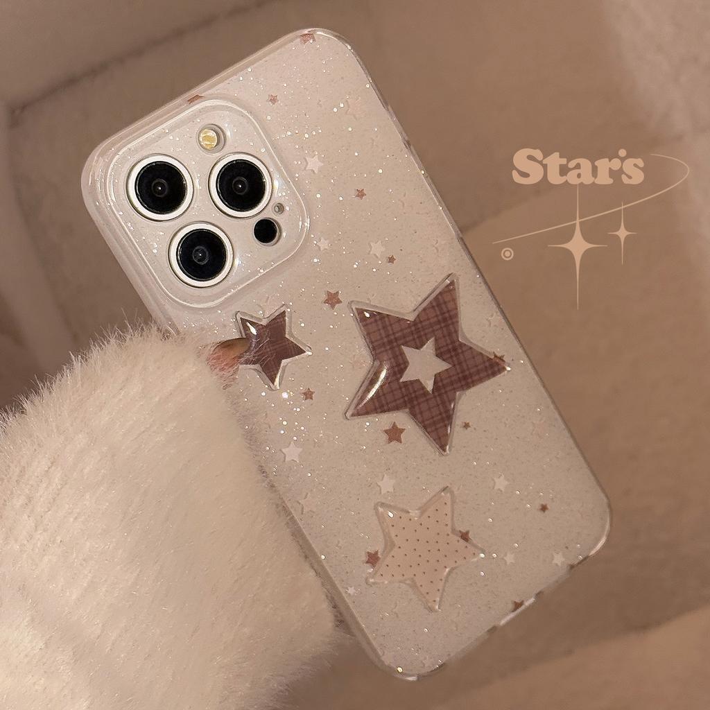 Dreidimensionale braune karierte Sternhülle für Apple 16 Handyhülle Glitzerpuder Iphone15promax Weiche Hülle 14 Doppelschicht 11