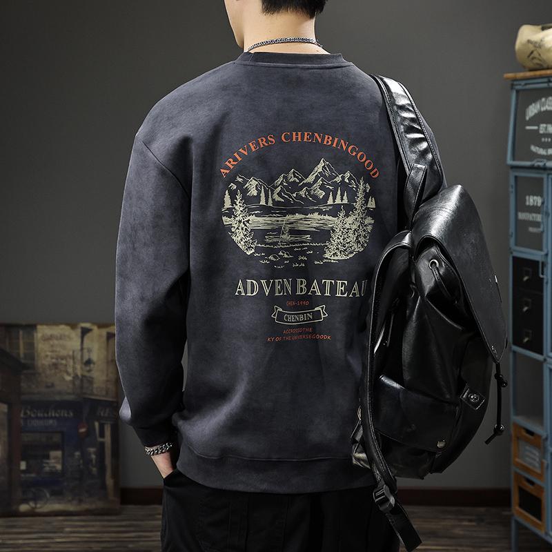 

Men s Oversized Retro Mountain Print Hoodie - Autumn/Winter Round Neck Long Sleeve T-shirt L - Suitable for 130-145 jin