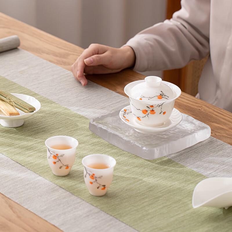 SUSHI CERAMICS Ice Jade Porcelain Tea Set - Persimmon Ruyi San Cai Gaiwan & 2 Teacups