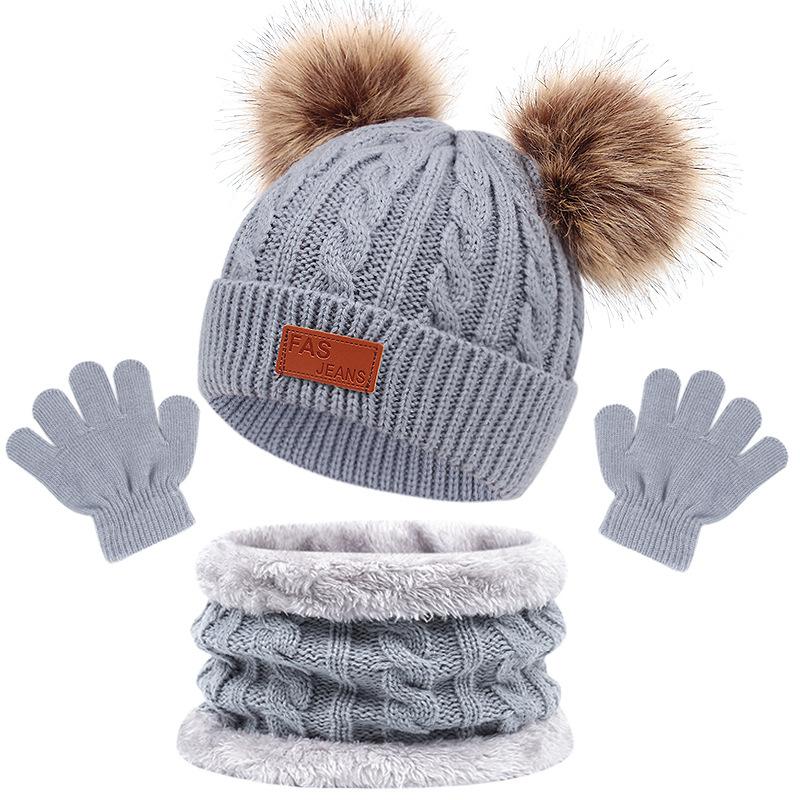 Winter Children's Scarf Hat Three-Piece Set with Pom-Pom Baby Infant Knitted Hat Warm Wool Thickened