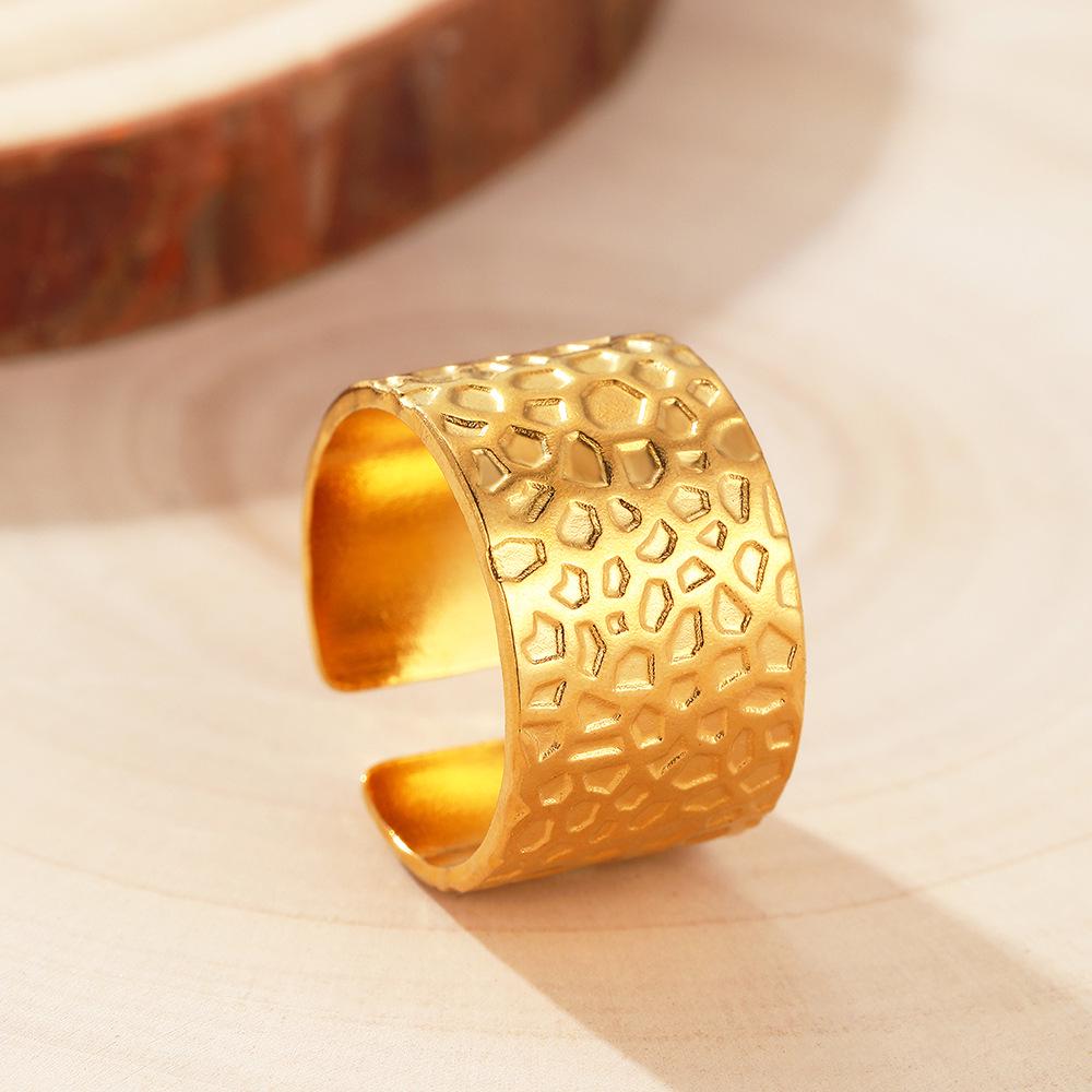 Wide Band Adjustable Stainless Steel Ring, Vintage 18k Gold Geometric Design for Women