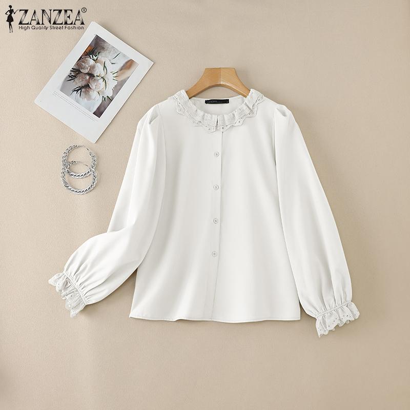 ZANZEA Damen Spitzeinsatz Rundhals Langarm Freizeitbluse