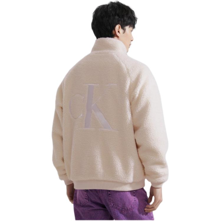 Calvin Klein Letter Embroidery Faux Shearling Stand Collar Jacket Men Jacket Off-White J324346-ACF
