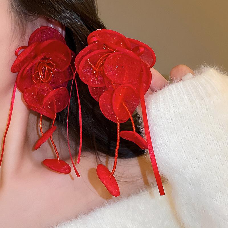Elegant Statement Lace Organza Cloth Flower Earrings For Woman Korean  Jewelry Party Girl'S Lady Accessories
