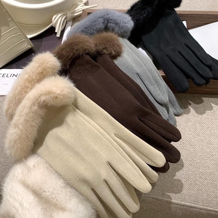 Light luxury German velvet imitation rabbit fur gloves for women in winter plus velvet to keep warm and cold proof touch screen temperament gloves