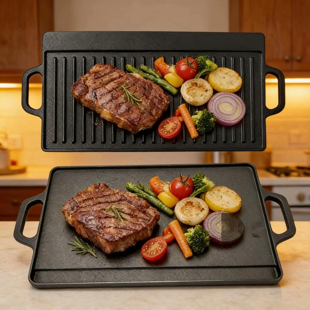 Double-Sided Cast Iron Griddle: Home & Outdoor BBQ, Thickened, Non-Coated, Induction Compatible