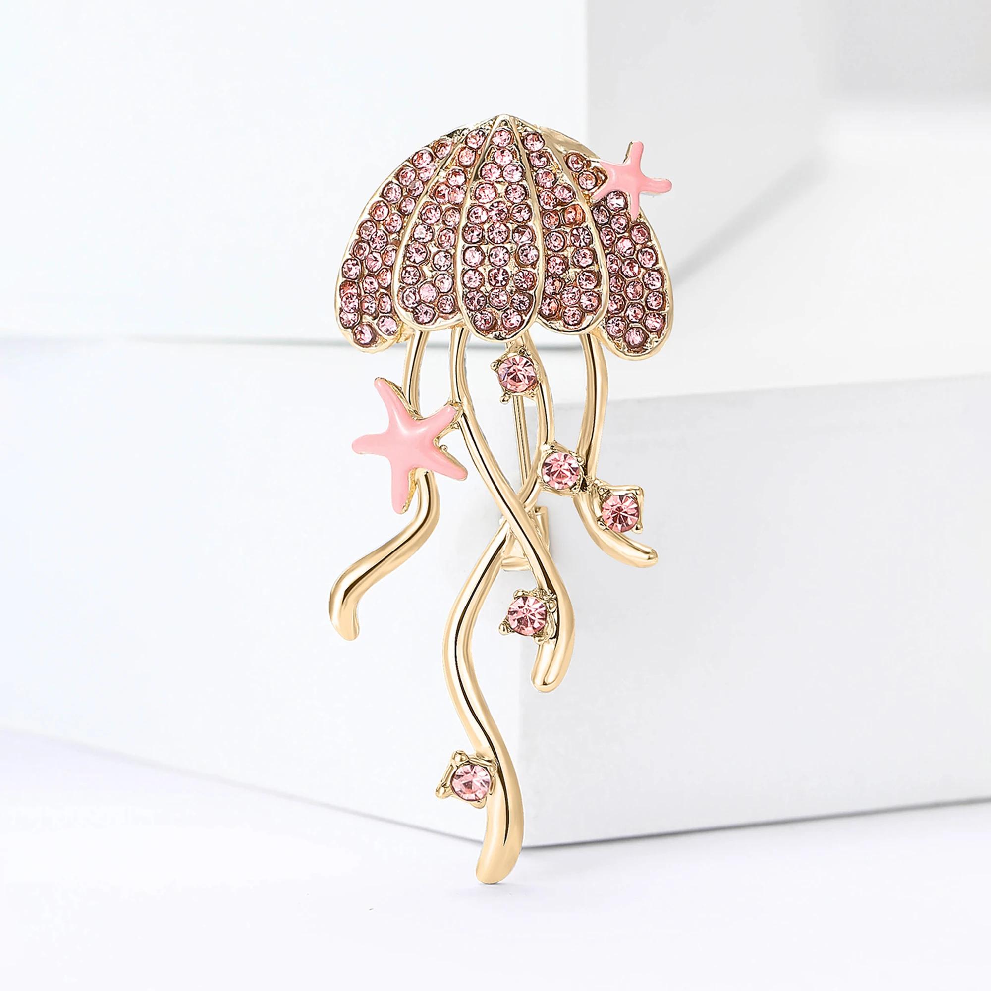 Rhinestone Jellyfish Brooch for Women Unisex Enamel Starfish Sea Life Pins Event Party Backpack Decoration Clothes Accessories