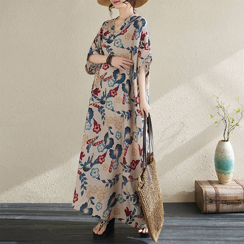 

Johnature женское весеннее повседневное платье с v-образным вырезом и винтажным принтом, модное платье с короткими рукавами в китайском стиле One Size легкие хаки